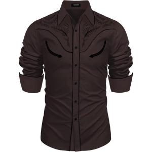 imageCOOFANDY Mens Western Cowboy Shirt Embroidered Button Down Long Sleeve ShirtsCotton  Dark Brown