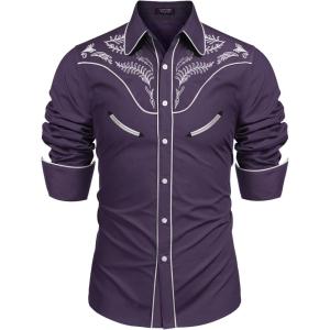 imageCOOFANDY Mens Western Cowboy Shirt Embroidered Button Down Long Sleeve ShirtsCotton  Dark Purple