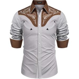 imageCOOFANDY Mens Western Cowboy Shirt Embroidered Button Down Long Sleeve ShirtsCotton  Grey
