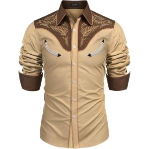 imageCOOFANDY Mens Western Cowboy Shirt Embroidered Button Down Long Sleeve ShirtsCotton  Khaki
