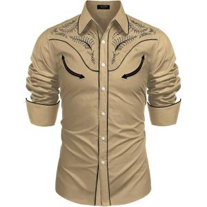 imageCOOFANDY Mens Western Cowboy Shirt Embroidered Button Down Long Sleeve ShirtsCotton  Light Khaki
