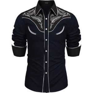 imageCOOFANDY Mens Western Cowboy Shirt Embroidered Button Down Long Sleeve ShirtsCotton  Navy Blue