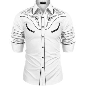 imageCOOFANDY Mens Western Cowboy Shirt Embroidered Button Down Long Sleeve ShirtsCotton  Pure White