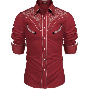 imageCOOFANDY Mens Western Cowboy Shirt Embroidered Button Down Long Sleeve ShirtsCotton  Red2