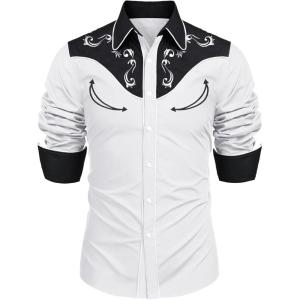 imageCOOFANDY Mens Western Cowboy Shirt Embroidered Button Down Long Sleeve ShirtsCotton Whiteblack
