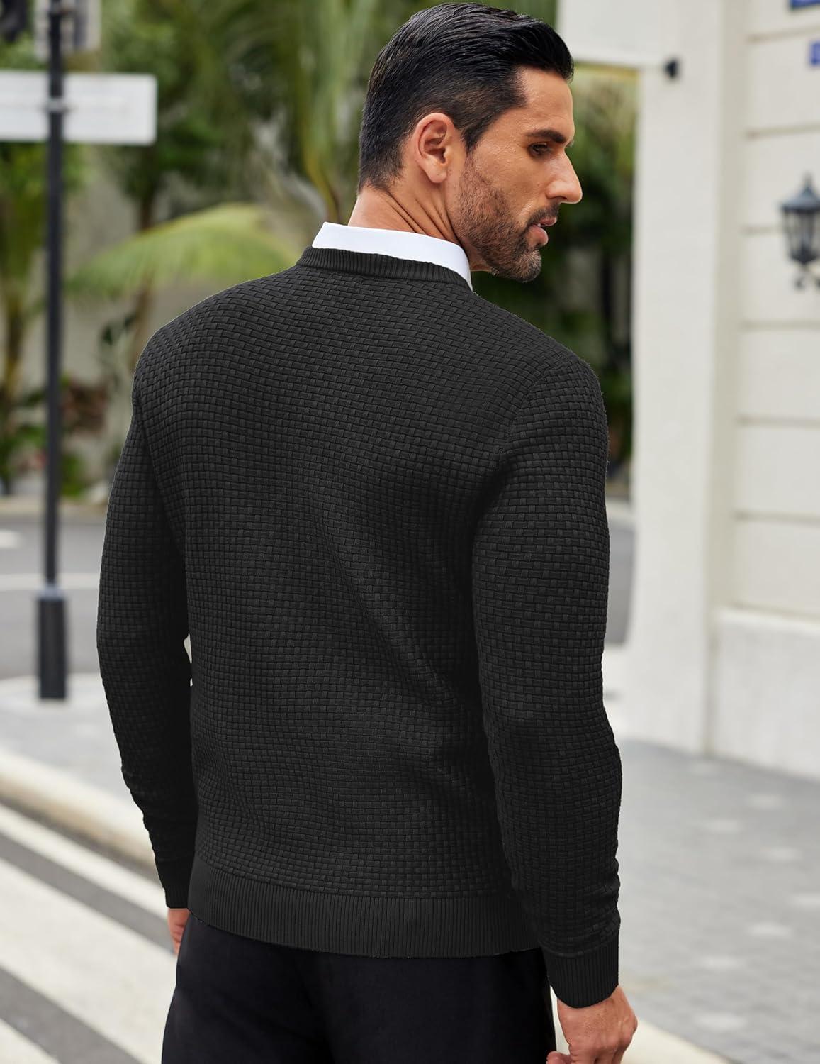 imageCOOFANDY Men Dress Crewneck Sweater Pullover Knit Long Sleeve Casual Slim Fit SweaterAblack