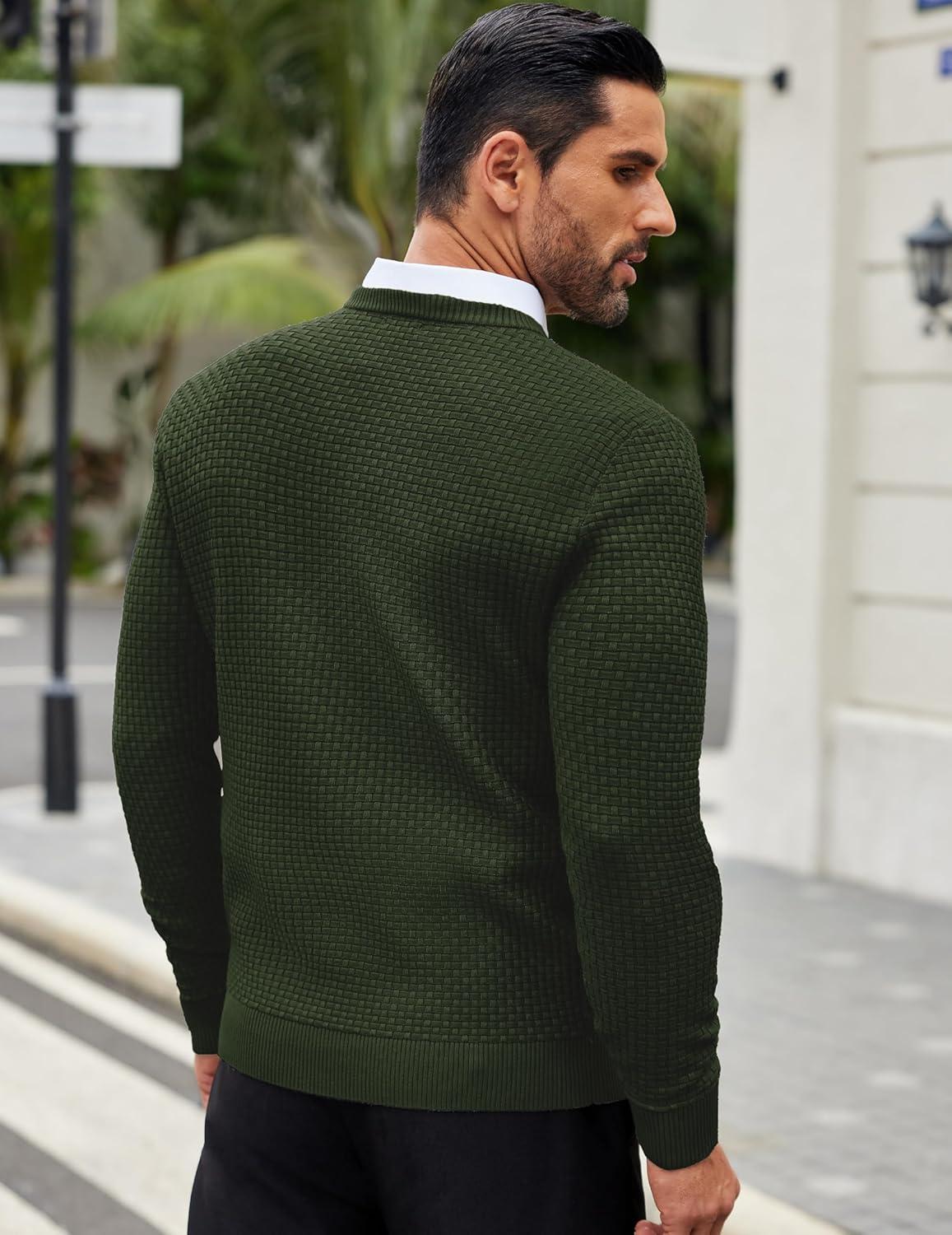 imageCOOFANDY Men Dress Crewneck Sweater Pullover Knit Long Sleeve Casual Slim Fit SweaterArmy Green