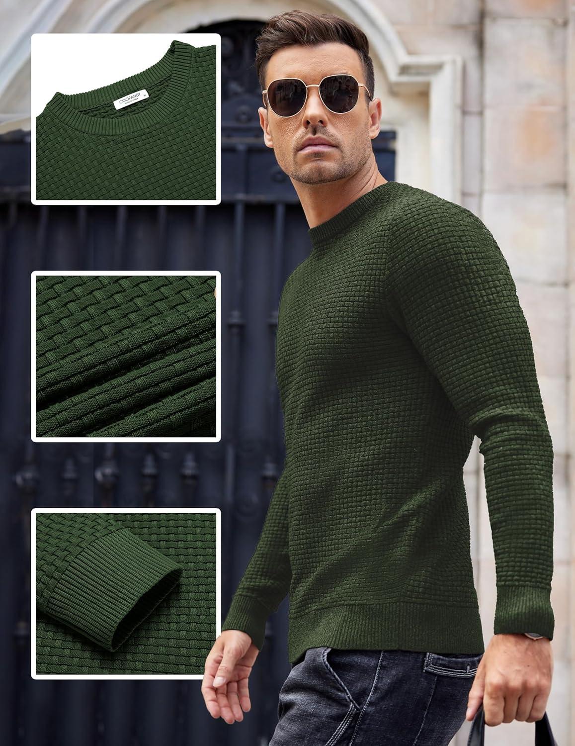 imageCOOFANDY Men Dress Crewneck Sweater Pullover Knit Long Sleeve Casual Slim Fit SweaterArmy Green