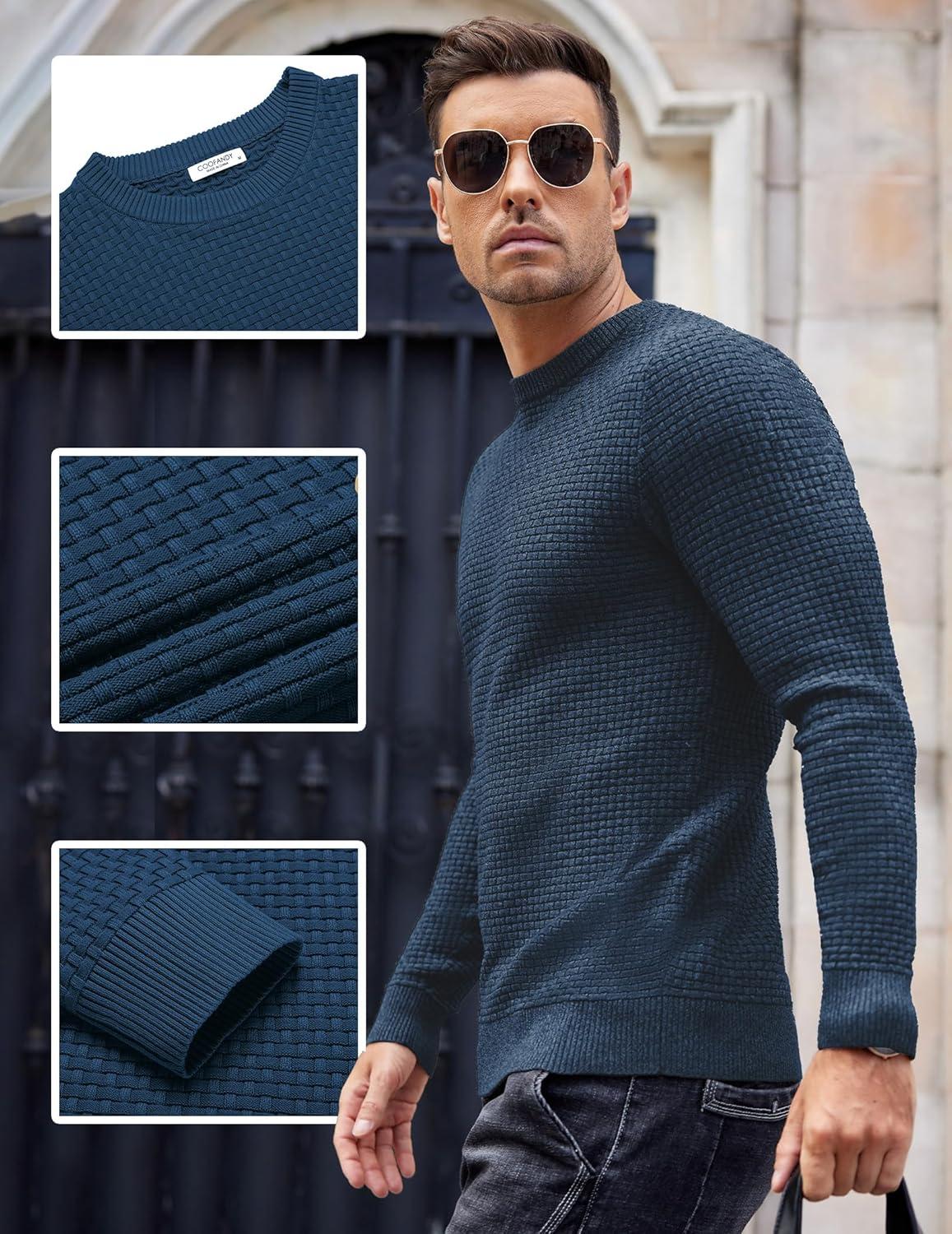 imageCOOFANDY Men Dress Crewneck Sweater Pullover Knit Long Sleeve Casual Slim Fit SweaterBlue
