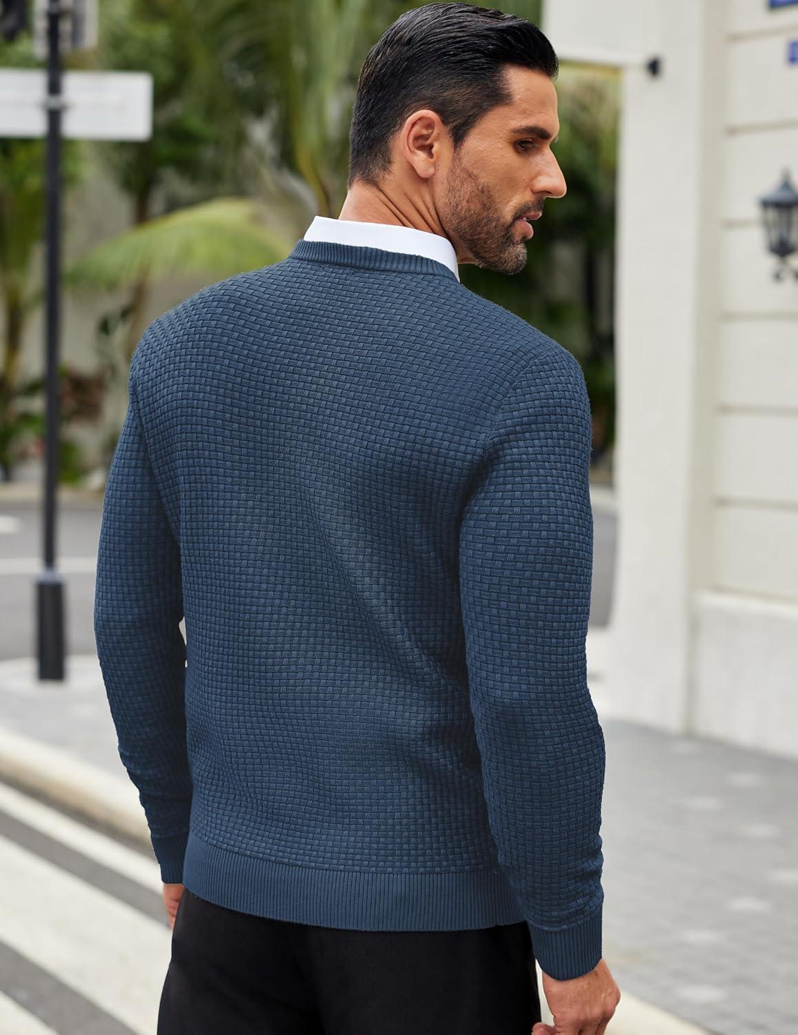 imageCOOFANDY Men Dress Crewneck Sweater Pullover Knit Long Sleeve Casual Slim Fit SweaterBlue