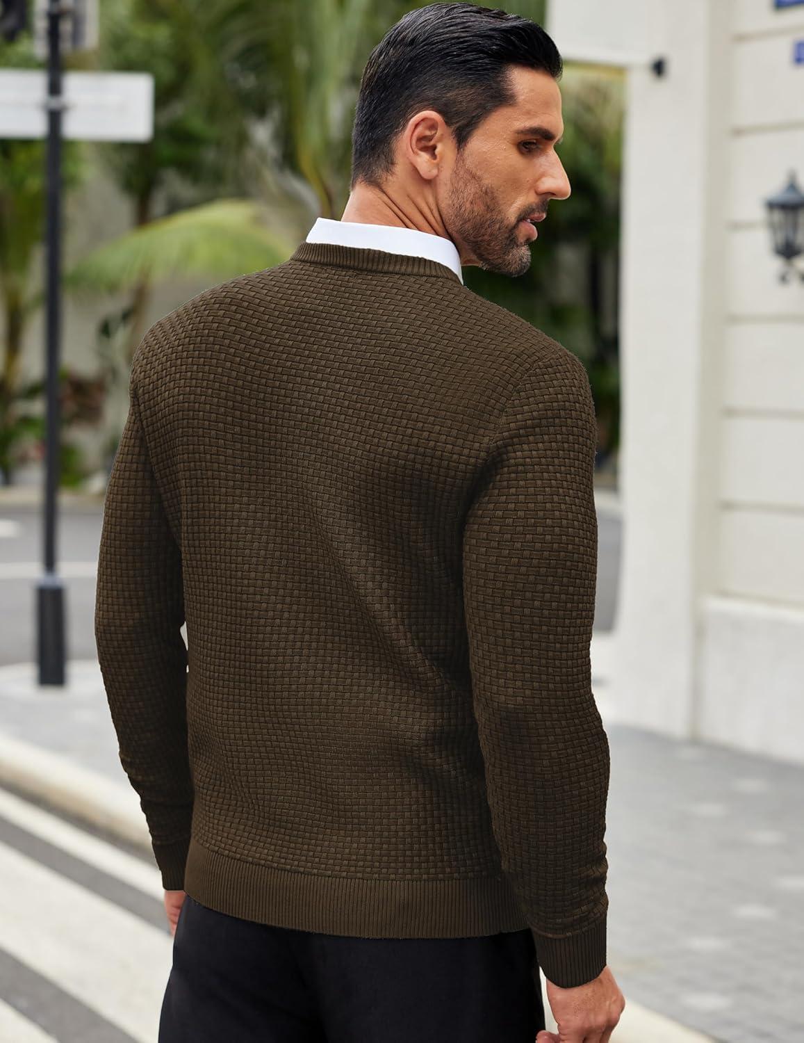 imageCOOFANDY Men Dress Crewneck Sweater Pullover Knit Long Sleeve Casual Slim Fit SweaterBrown