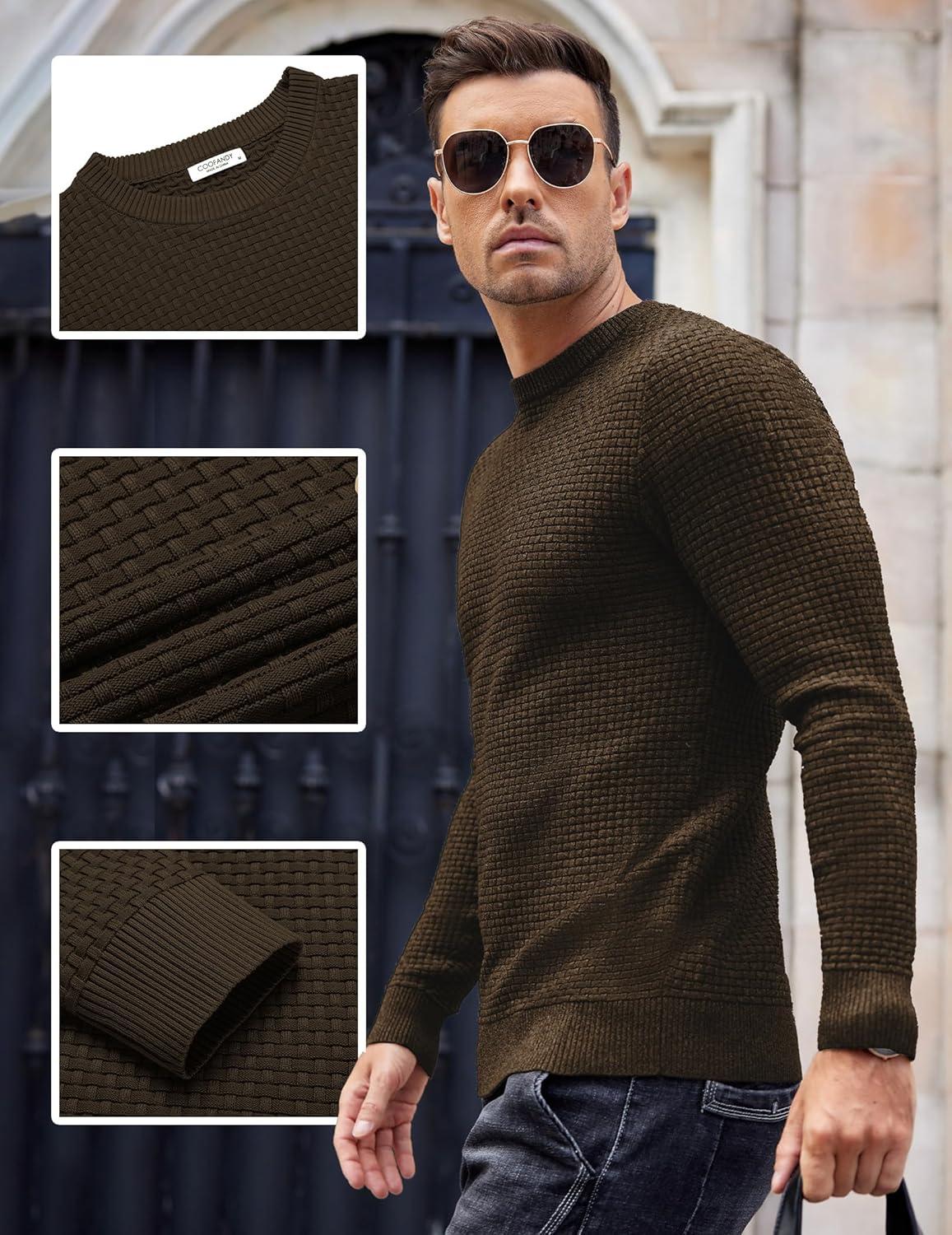 imageCOOFANDY Men Dress Crewneck Sweater Pullover Knit Long Sleeve Casual Slim Fit SweaterBrown