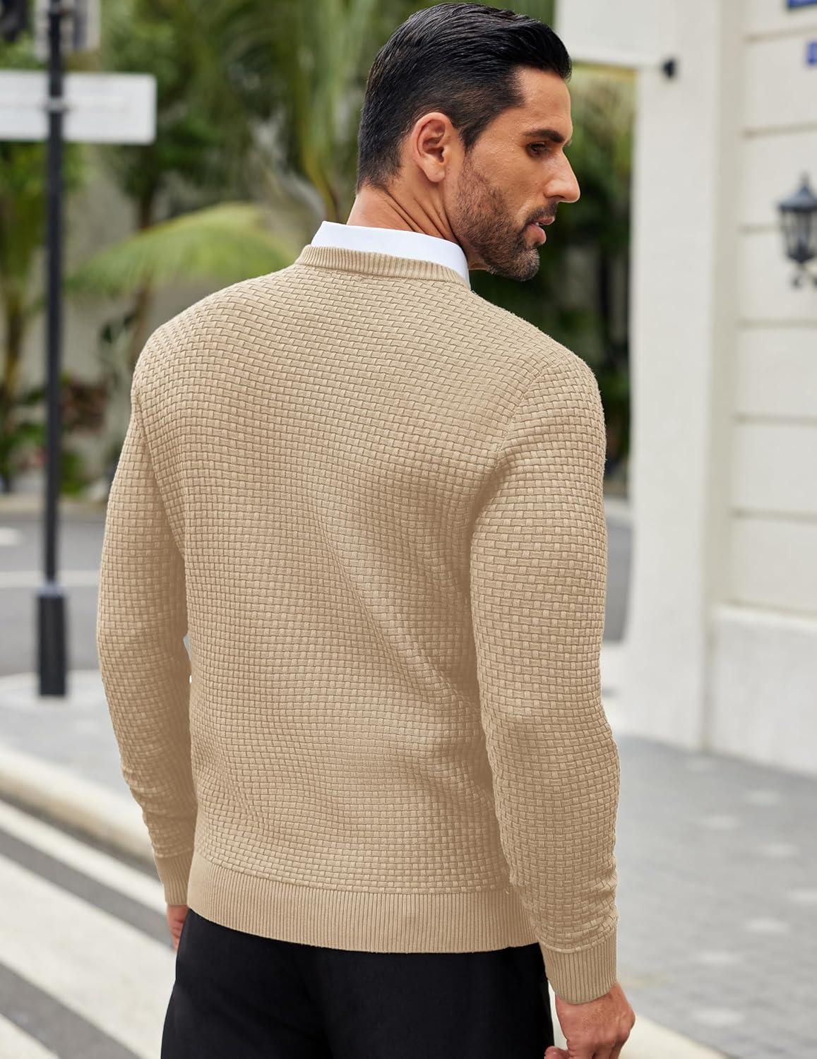 imageCOOFANDY Men Dress Crewneck Sweater Pullover Knit Long Sleeve Casual Slim Fit SweaterCamel