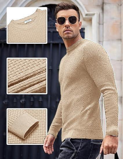 imageCOOFANDY Men Dress Crewneck Sweater Pullover Knit Long Sleeve Casual Slim Fit SweaterCamel