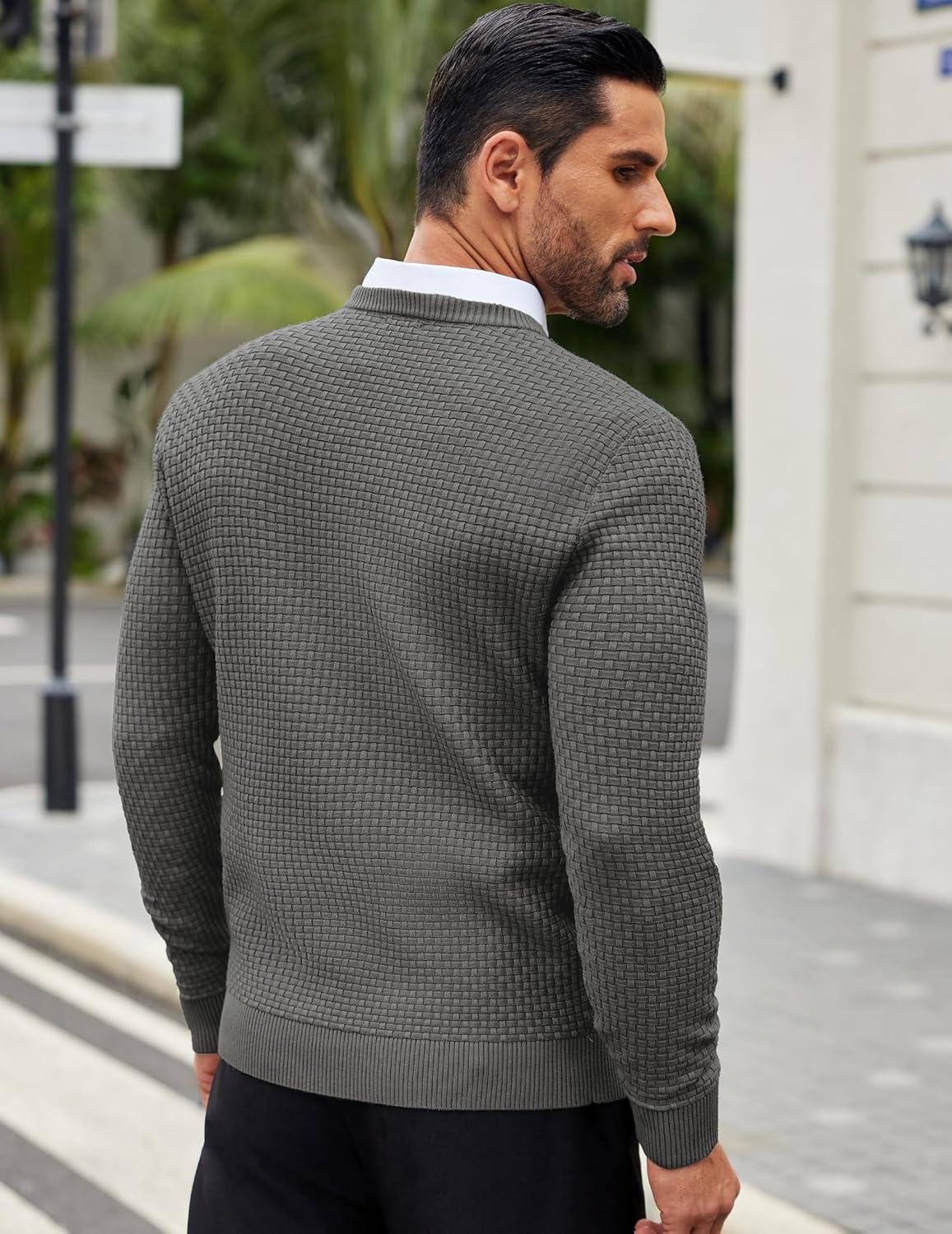 imageCOOFANDY Men Dress Crewneck Sweater Pullover Knit Long Sleeve Casual Slim Fit SweaterDark Gray