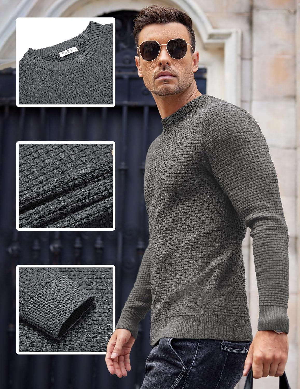 imageCOOFANDY Men Dress Crewneck Sweater Pullover Knit Long Sleeve Casual Slim Fit SweaterDark Gray