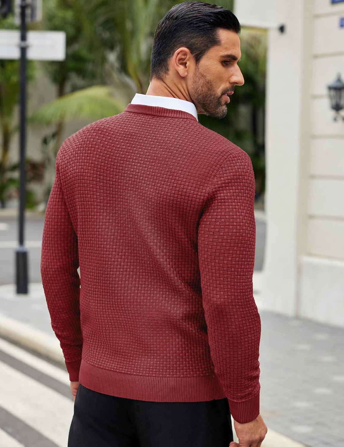 imageCOOFANDY Men Dress Crewneck Sweater Pullover Knit Long Sleeve Casual Slim Fit SweaterDark Red