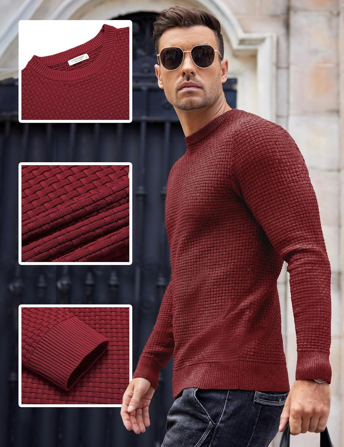imageCOOFANDY Men Dress Crewneck Sweater Pullover Knit Long Sleeve Casual Slim Fit SweaterDark Red
