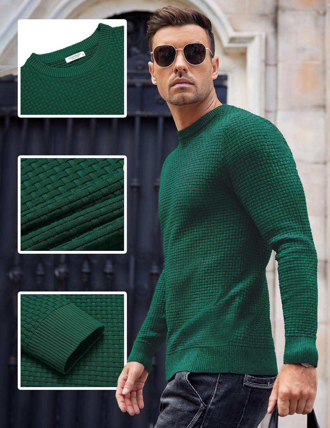 imageCOOFANDY Men Dress Crewneck Sweater Pullover Knit Long Sleeve Casual Slim Fit SweaterGreen