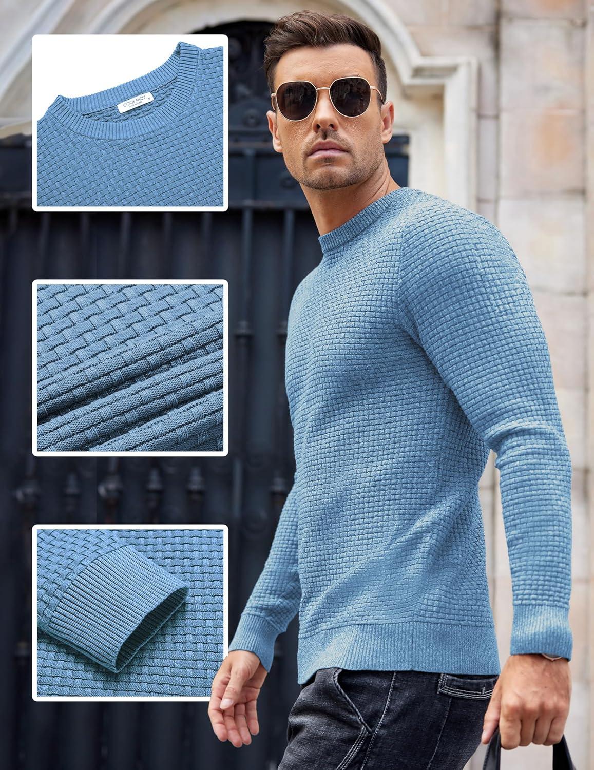 imageCOOFANDY Men Dress Crewneck Sweater Pullover Knit Long Sleeve Casual Slim Fit SweaterLight Blue