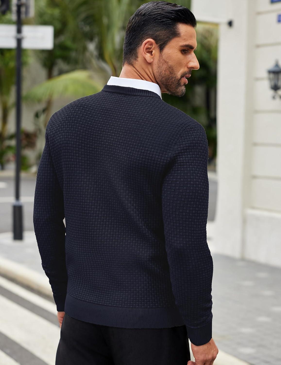 imageCOOFANDY Men Dress Crewneck Sweater Pullover Knit Long Sleeve Casual Slim Fit SweaterNavy Blue