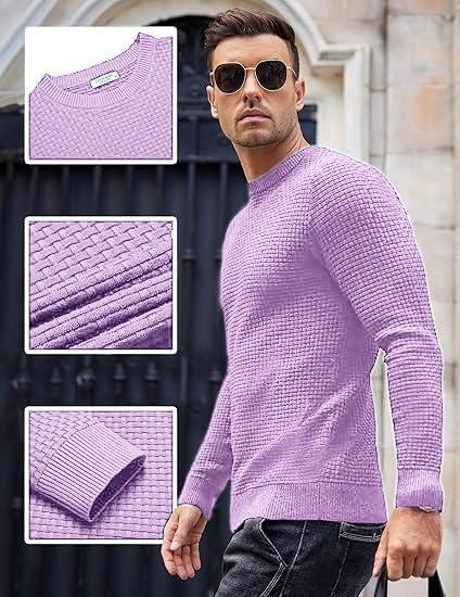 imageCOOFANDY Men Dress Crewneck Sweater Pullover Knit Long Sleeve Casual Slim Fit SweaterPurple