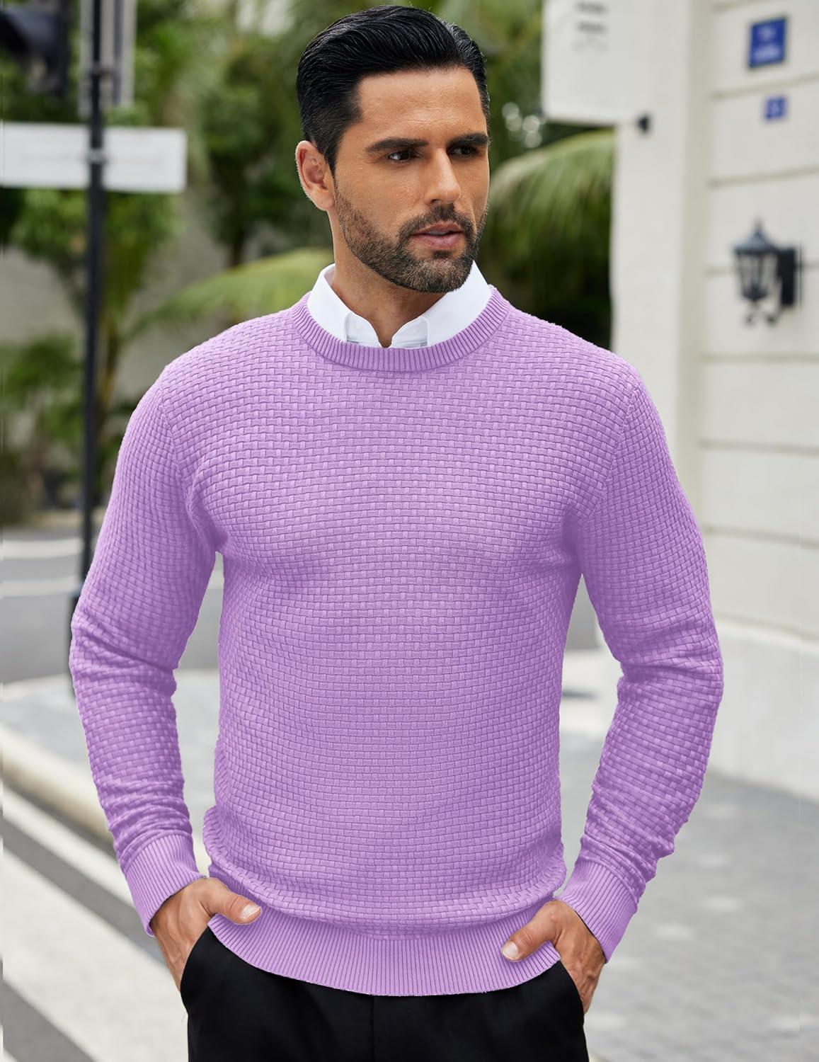 imageCOOFANDY Men Dress Crewneck Sweater Pullover Knit Long Sleeve Casual Slim Fit SweaterPurple