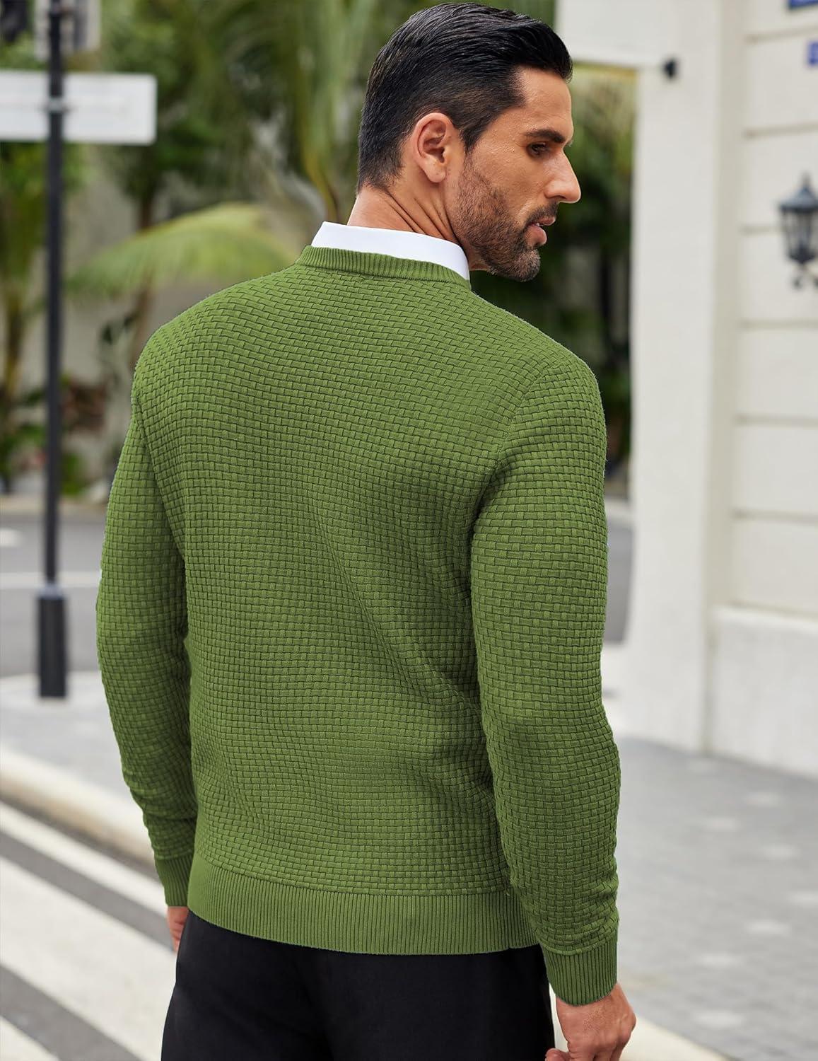 imageCOOFANDY Men Dress Crewneck Sweater Pullover Knit Long Sleeve Casual Slim Fit SweaterSeaweed Green