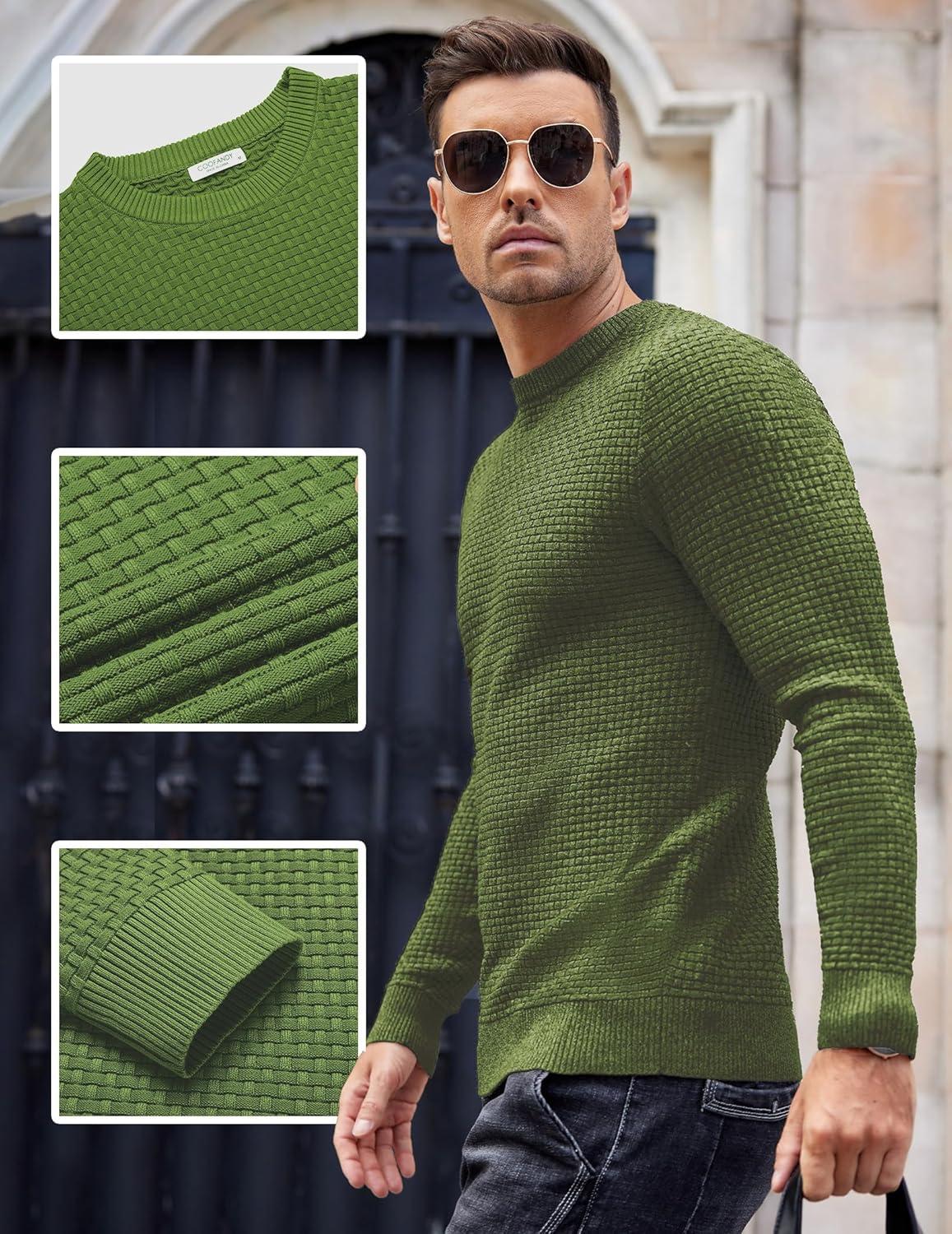 imageCOOFANDY Men Dress Crewneck Sweater Pullover Knit Long Sleeve Casual Slim Fit SweaterSeaweed Green