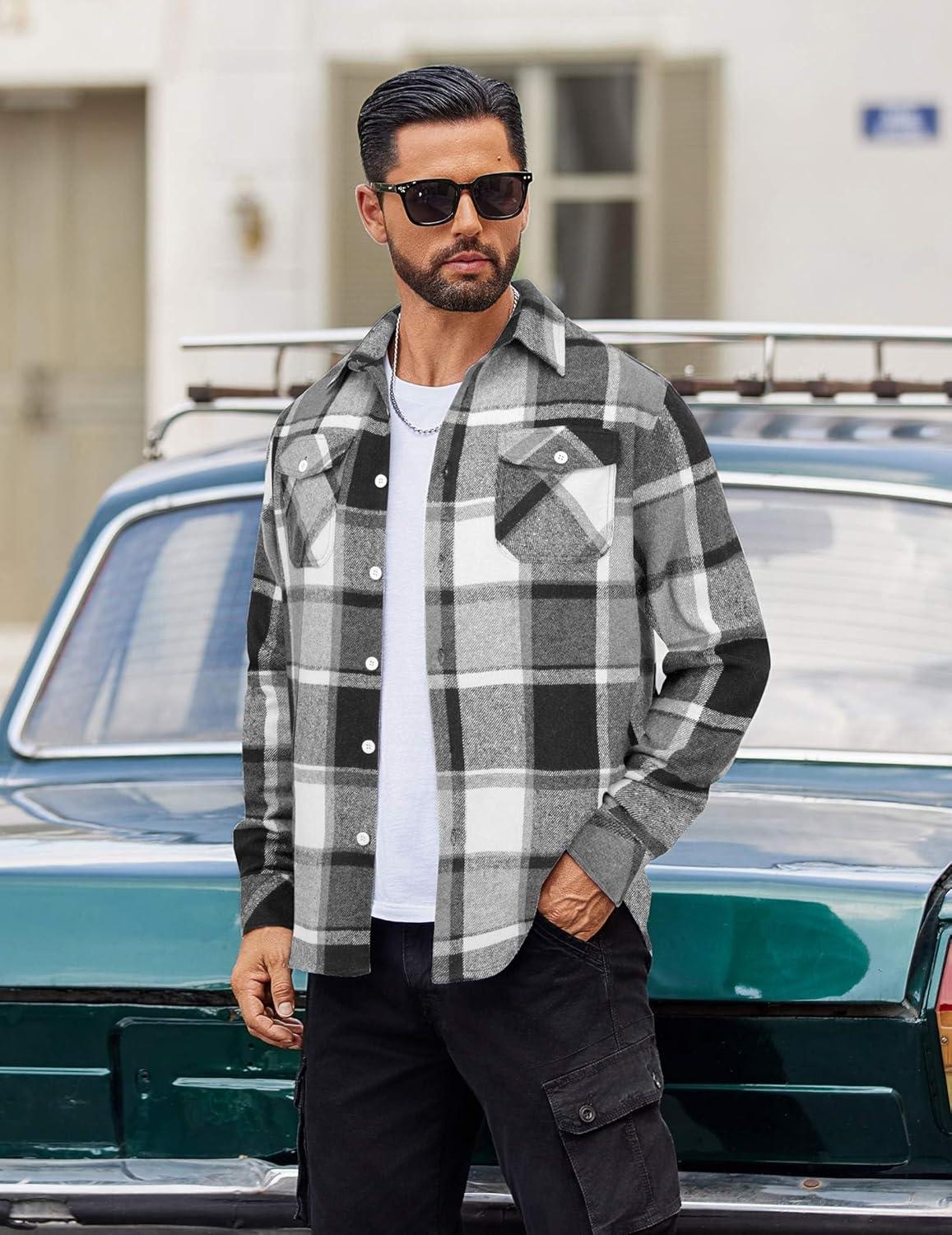 imageCOOFANDY Men Flannel Shirt Casual Button Down Shirt Jacket Long Sleeve Plaid Shirts with PocketsBlack