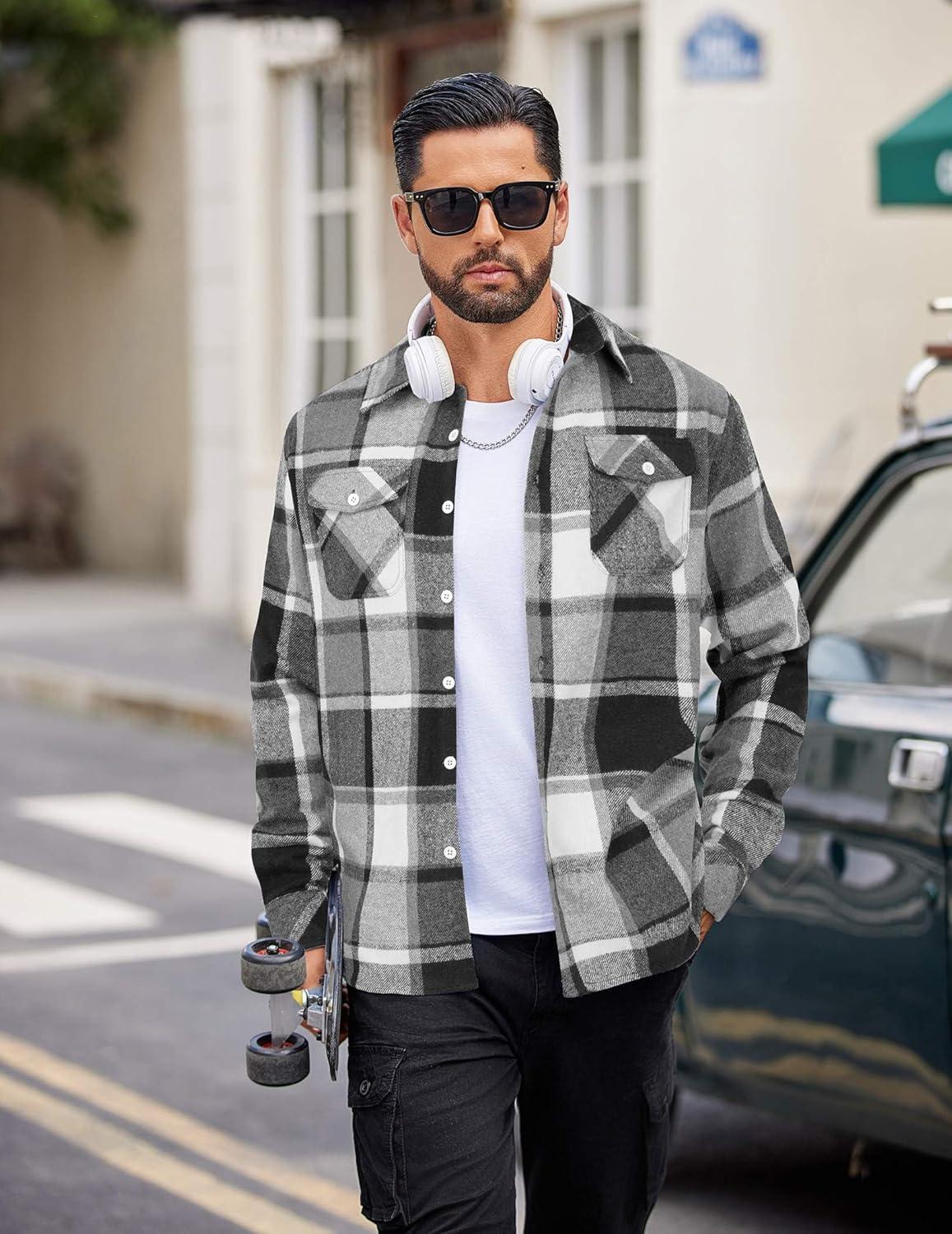 imageCOOFANDY Men Flannel Shirt Casual Button Down Shirt Jacket Long Sleeve Plaid Shirts with PocketsBlack