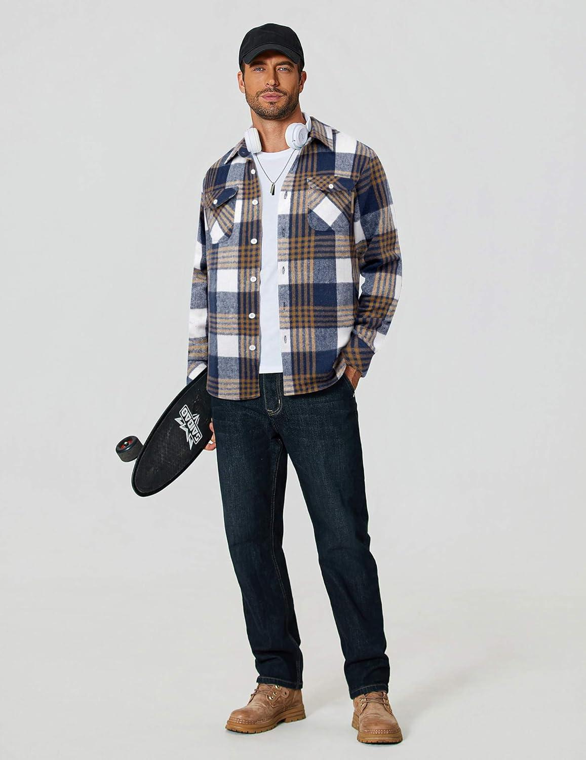 imageCOOFANDY Men Flannel Shirt Casual Button Down Shirt Jacket Long Sleeve Plaid Shirts with PocketsBlue Plaid