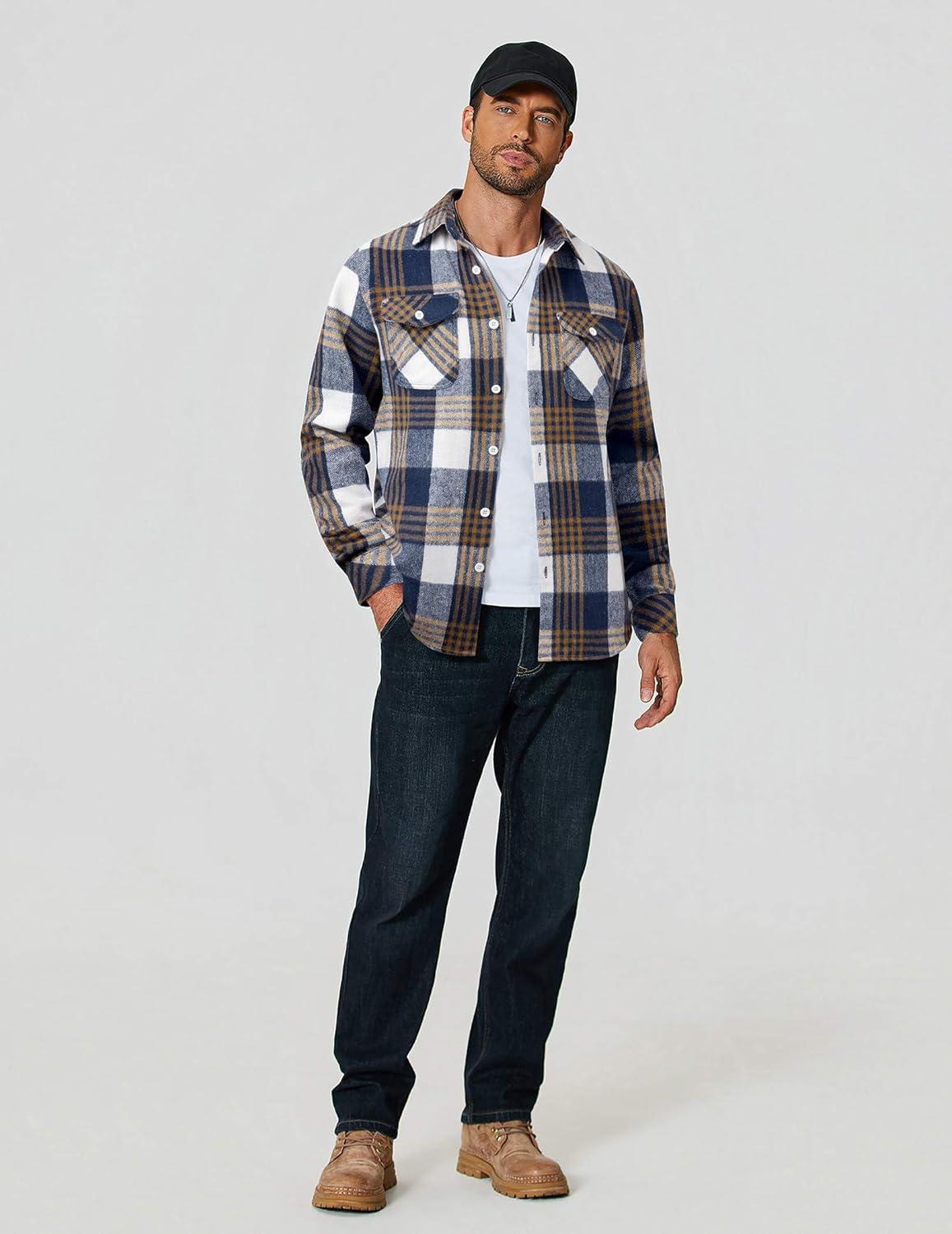 imageCOOFANDY Men Flannel Shirt Casual Button Down Shirt Jacket Long Sleeve Plaid Shirts with PocketsBlue Plaid