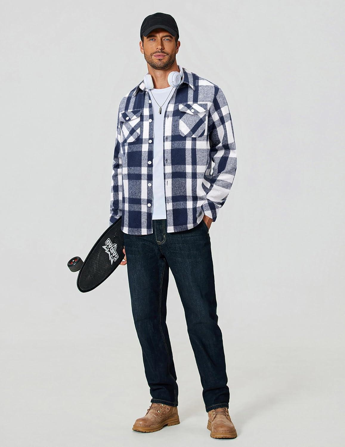 imageCOOFANDY Men Flannel Shirt Casual Button Down Shirt Jacket Long Sleeve Plaid Shirts with PocketsBlue White