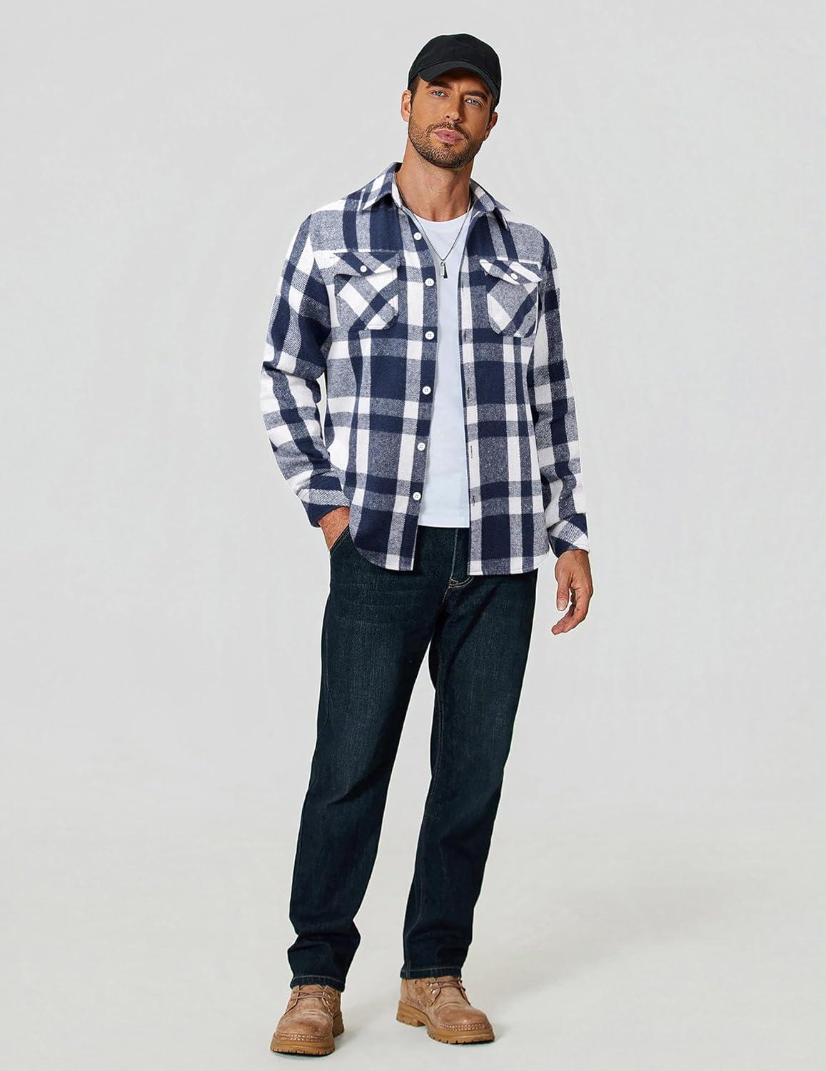 imageCOOFANDY Men Flannel Shirt Casual Button Down Shirt Jacket Long Sleeve Plaid Shirts with PocketsBlue White