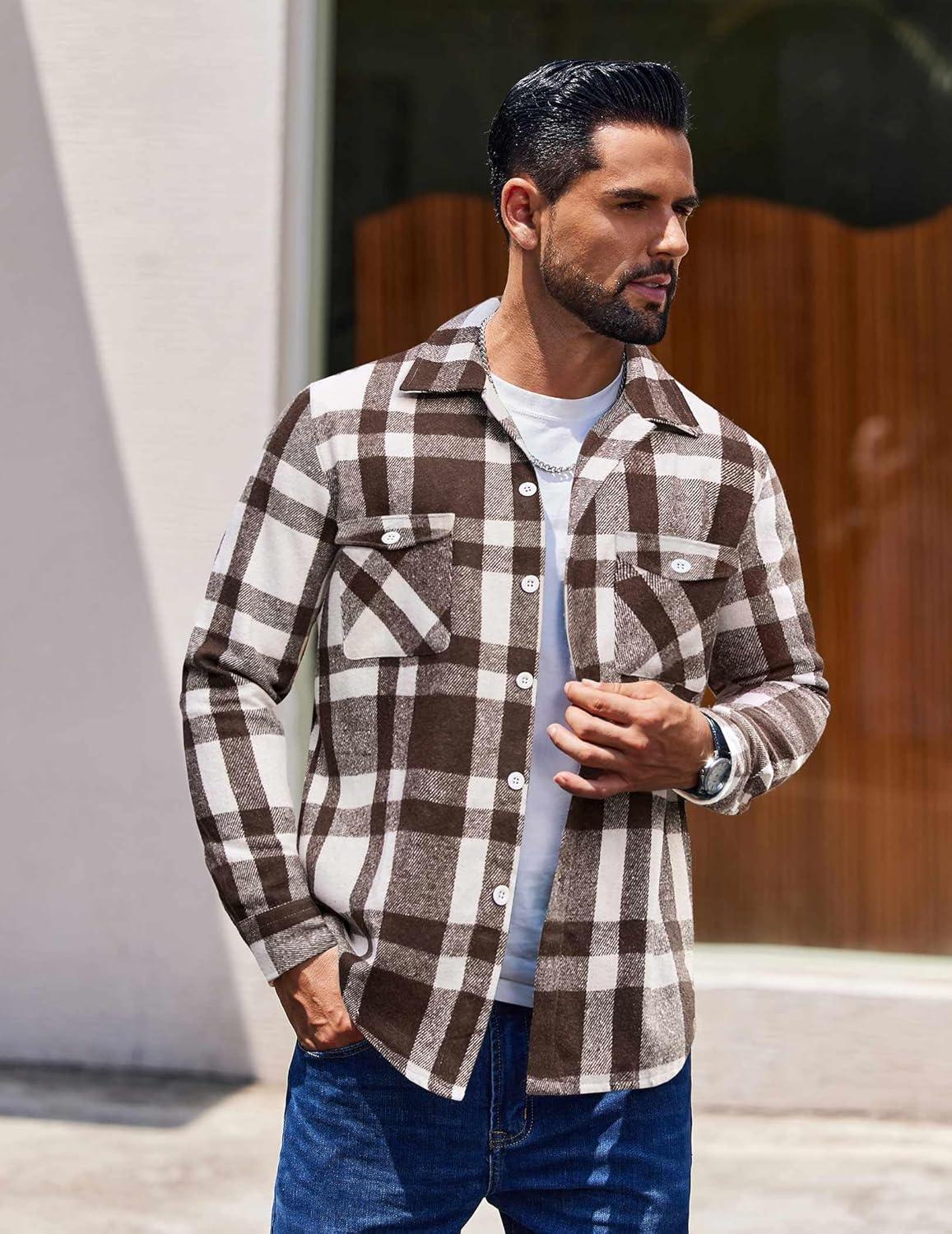 imageCOOFANDY Men Flannel Shirt Casual Button Down Shirt Jacket Long Sleeve Plaid Shirts with PocketsBrown