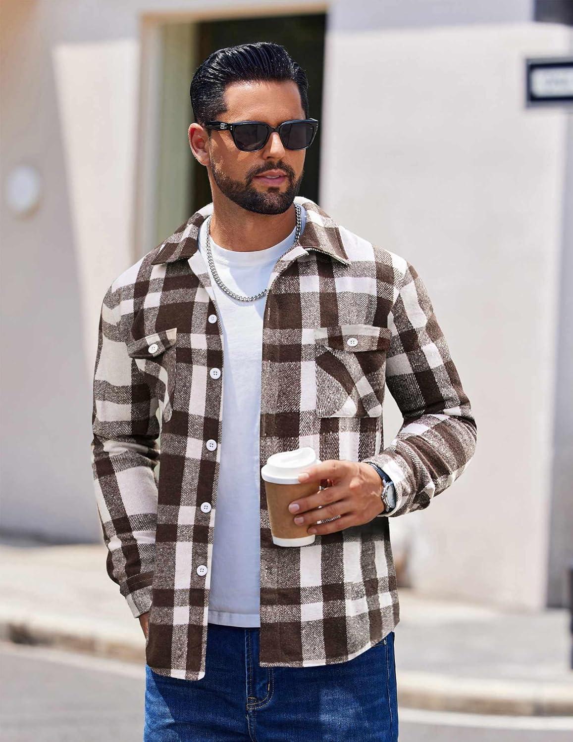 imageCOOFANDY Men Flannel Shirt Casual Button Down Shirt Jacket Long Sleeve Plaid Shirts with PocketsBrown
