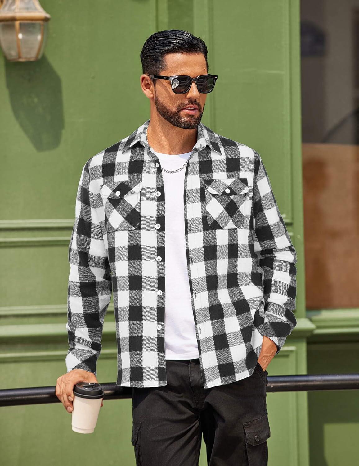 imageCOOFANDY Men Flannel Shirt Casual Button Down Shirt Jacket Long Sleeve Plaid Shirts with PocketsClassic Black