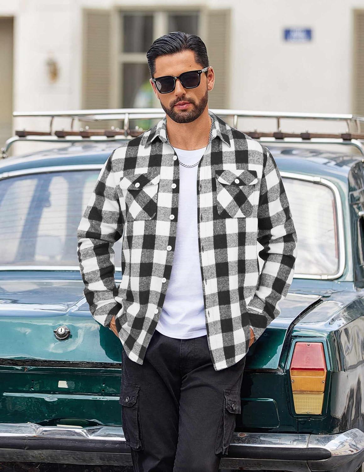 imageCOOFANDY Men Flannel Shirt Casual Button Down Shirt Jacket Long Sleeve Plaid Shirts with PocketsClassic Black