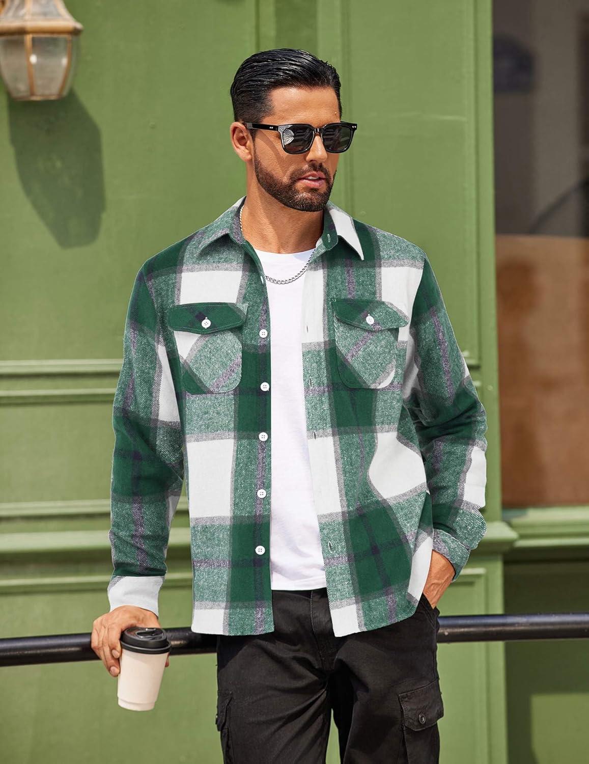 imageCOOFANDY Men Flannel Shirt Casual Button Down Shirt Jacket Long Sleeve Plaid Shirts with PocketsGreen