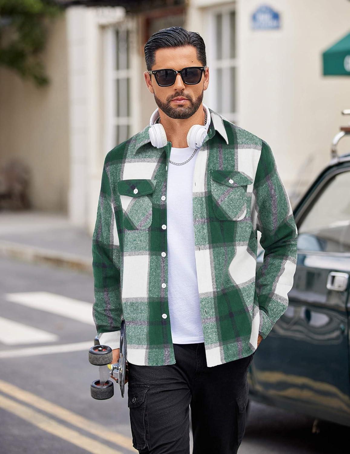 imageCOOFANDY Men Flannel Shirt Casual Button Down Shirt Jacket Long Sleeve Plaid Shirts with PocketsGreen