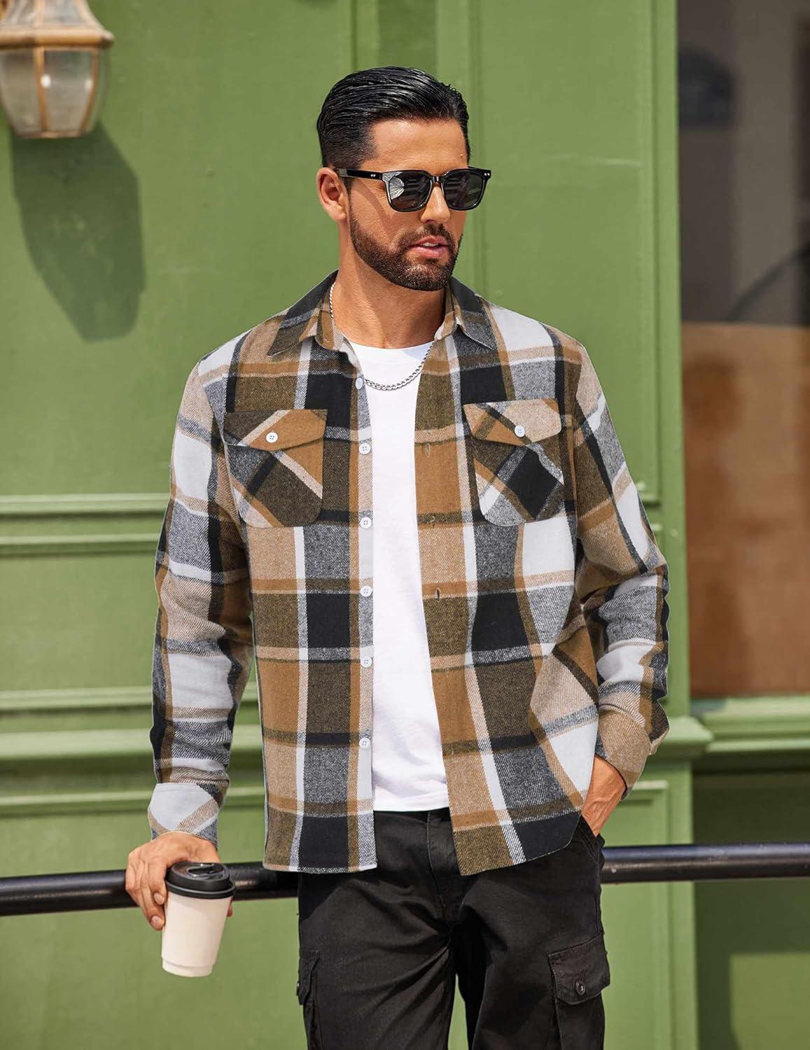 imageCOOFANDY Men Flannel Shirt Casual Button Down Shirt Jacket Long Sleeve Plaid Shirts with PocketsKhaki Gray