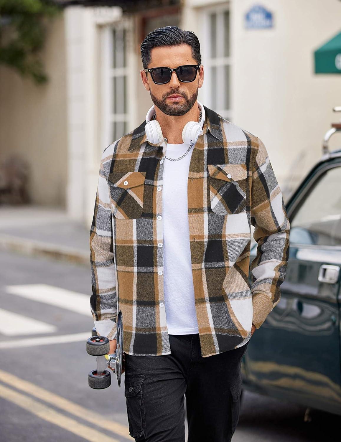 imageCOOFANDY Men Flannel Shirt Casual Button Down Shirt Jacket Long Sleeve Plaid Shirts with PocketsKhaki Gray