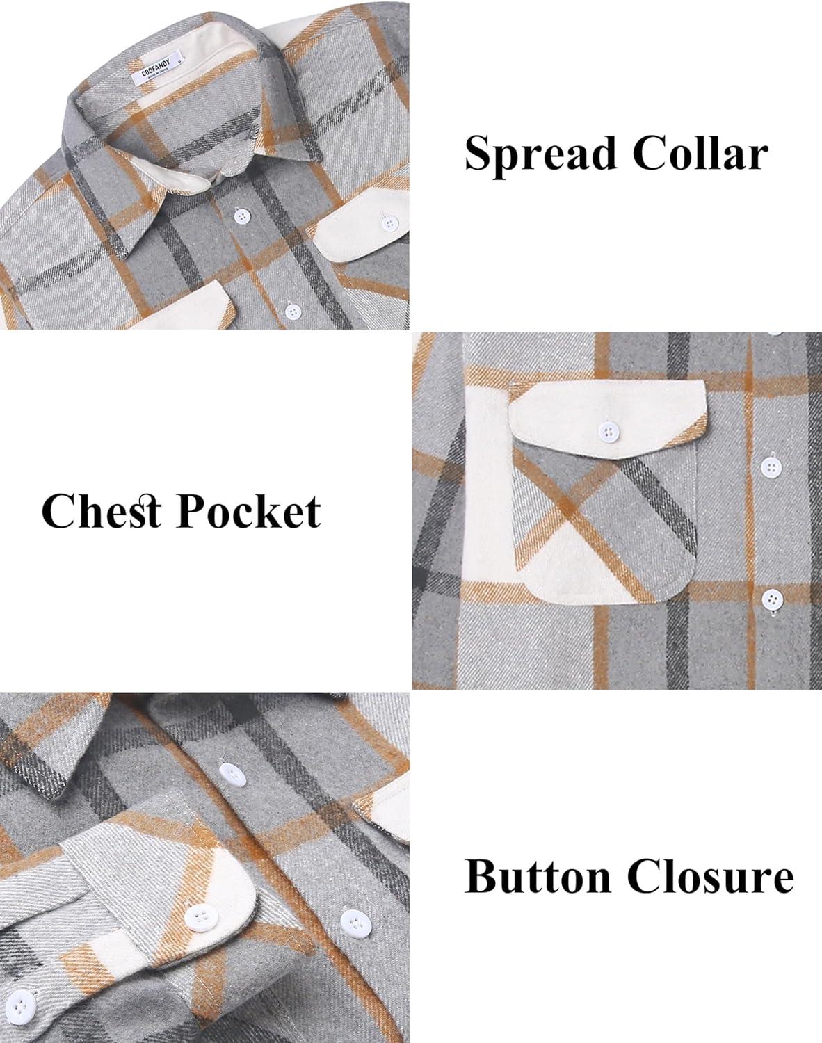 imageCOOFANDY Men Flannel Shirt Casual Button Down Shirt Jacket Long Sleeve Plaid Shirts with PocketsLight Gray
