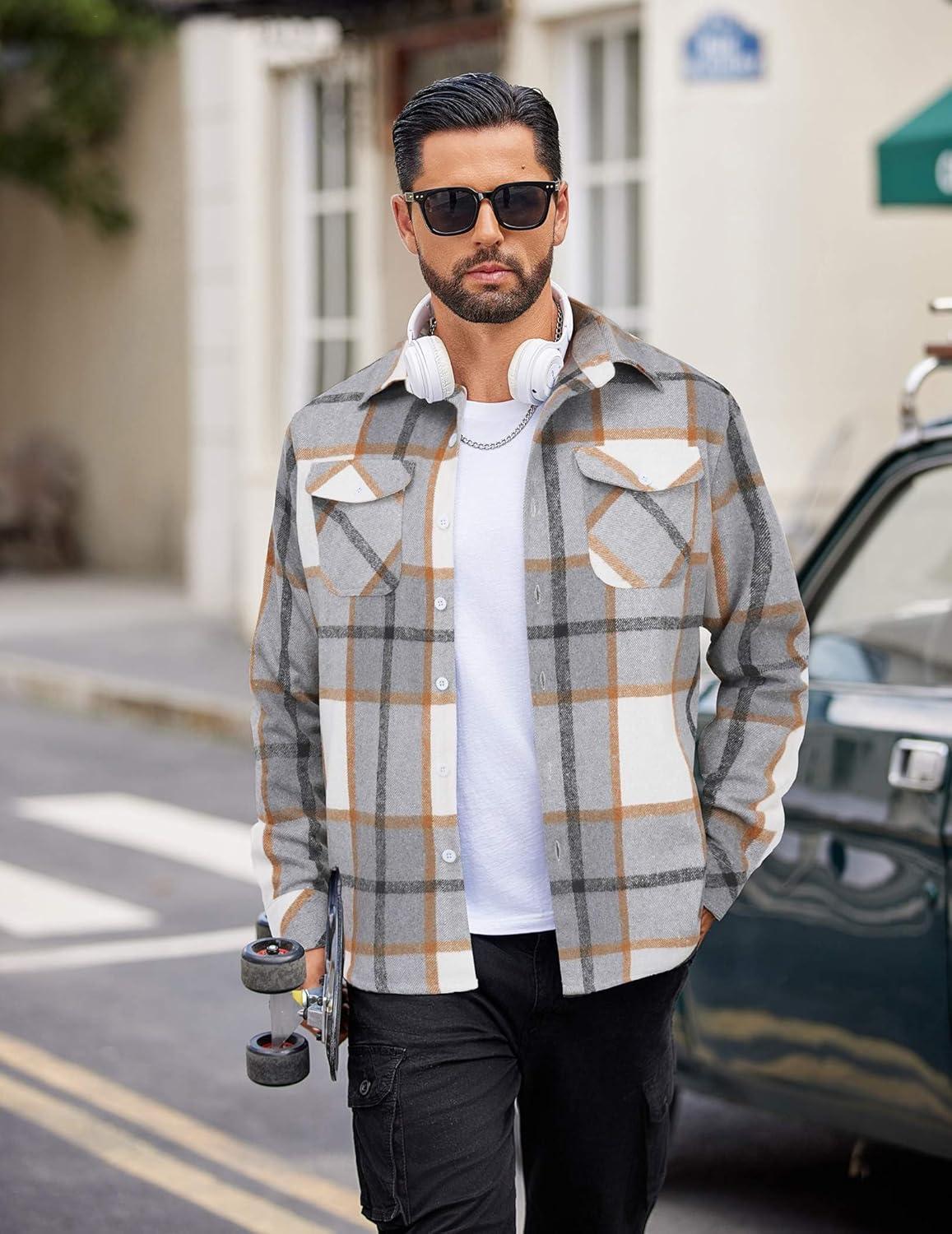 imageCOOFANDY Men Flannel Shirt Casual Button Down Shirt Jacket Long Sleeve Plaid Shirts with PocketsLight Gray