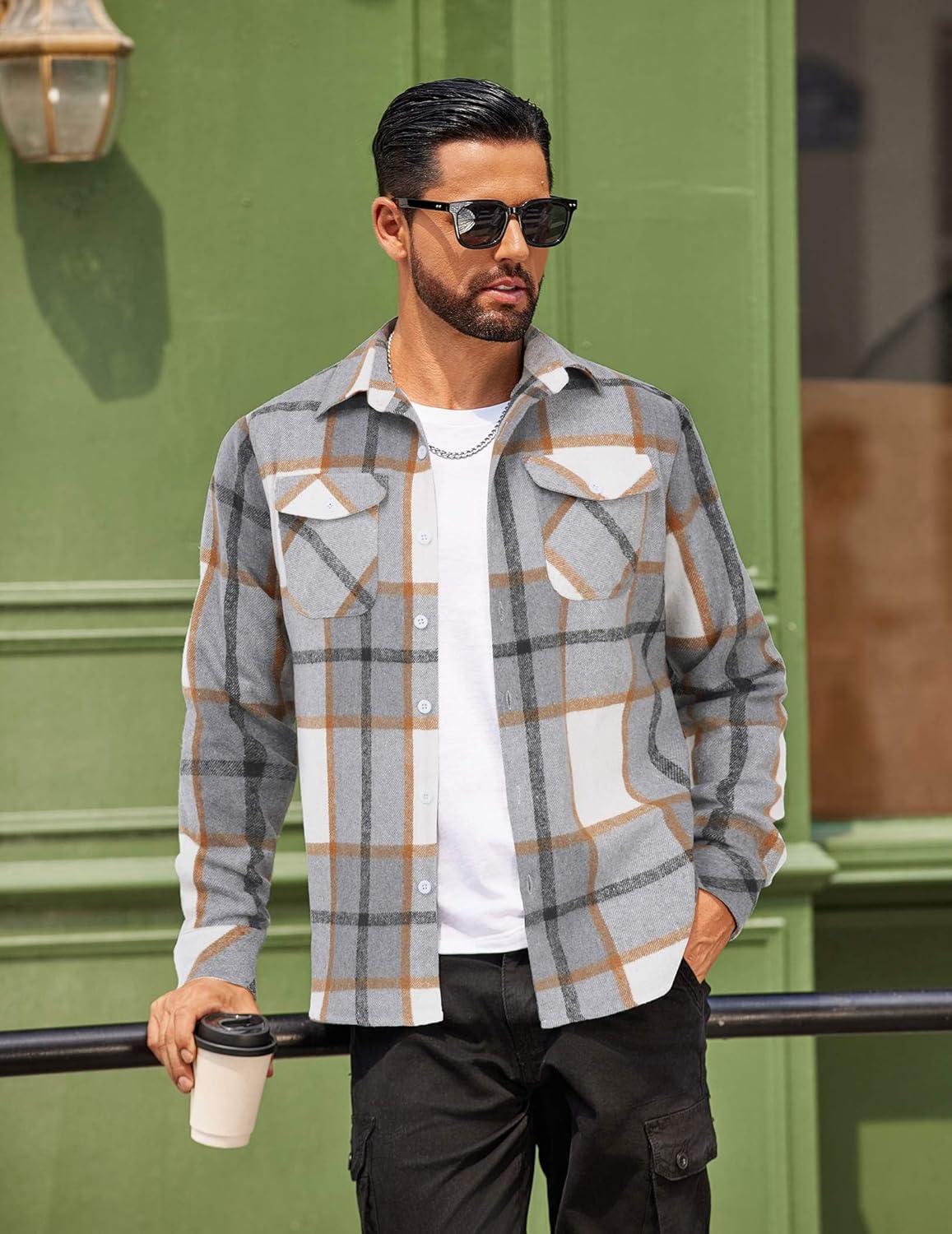 imageCOOFANDY Men Flannel Shirt Casual Button Down Shirt Jacket Long Sleeve Plaid Shirts with PocketsLight Gray