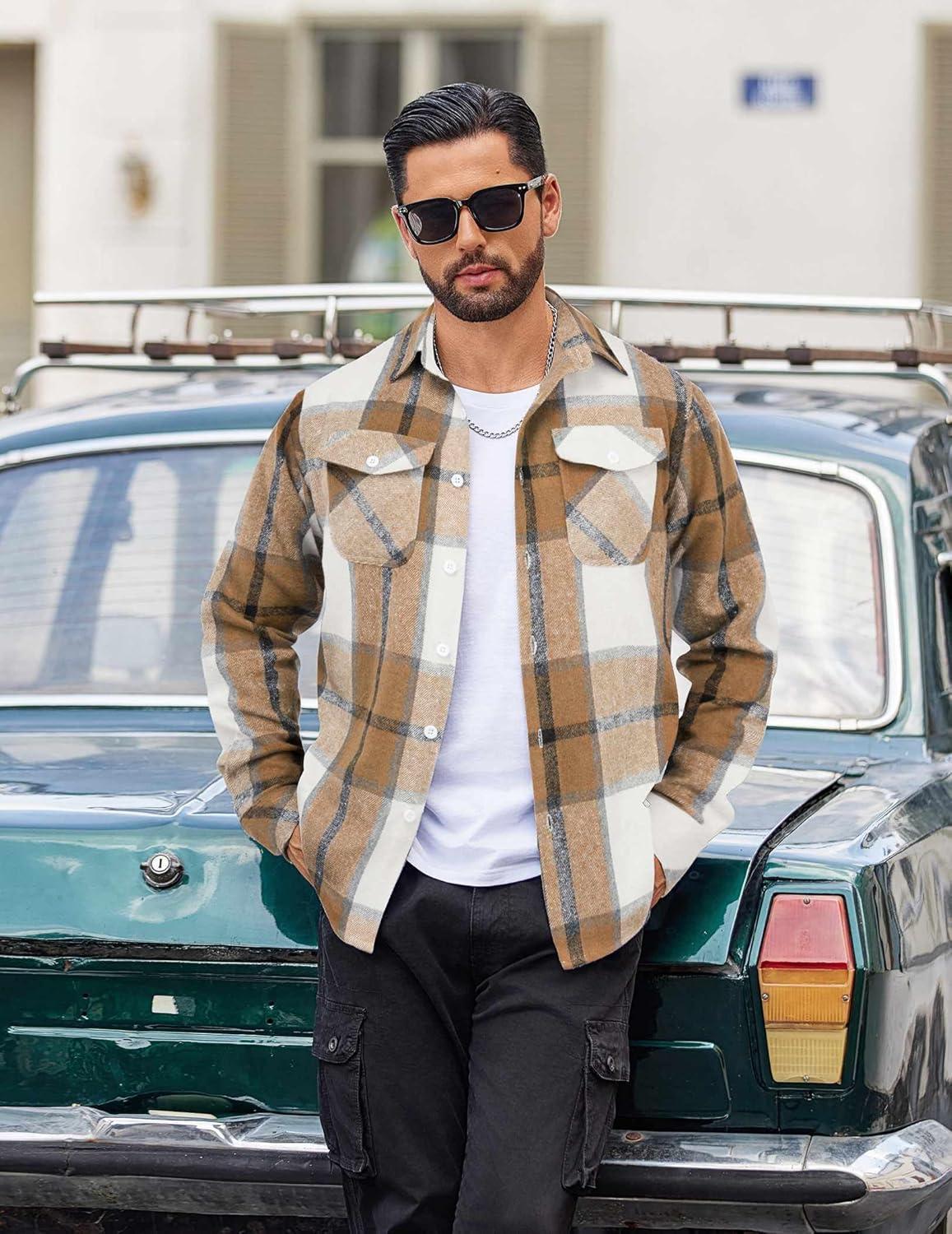imageCOOFANDY Men Flannel Shirt Casual Button Down Shirt Jacket Long Sleeve Plaid Shirts with PocketsLight Khaki