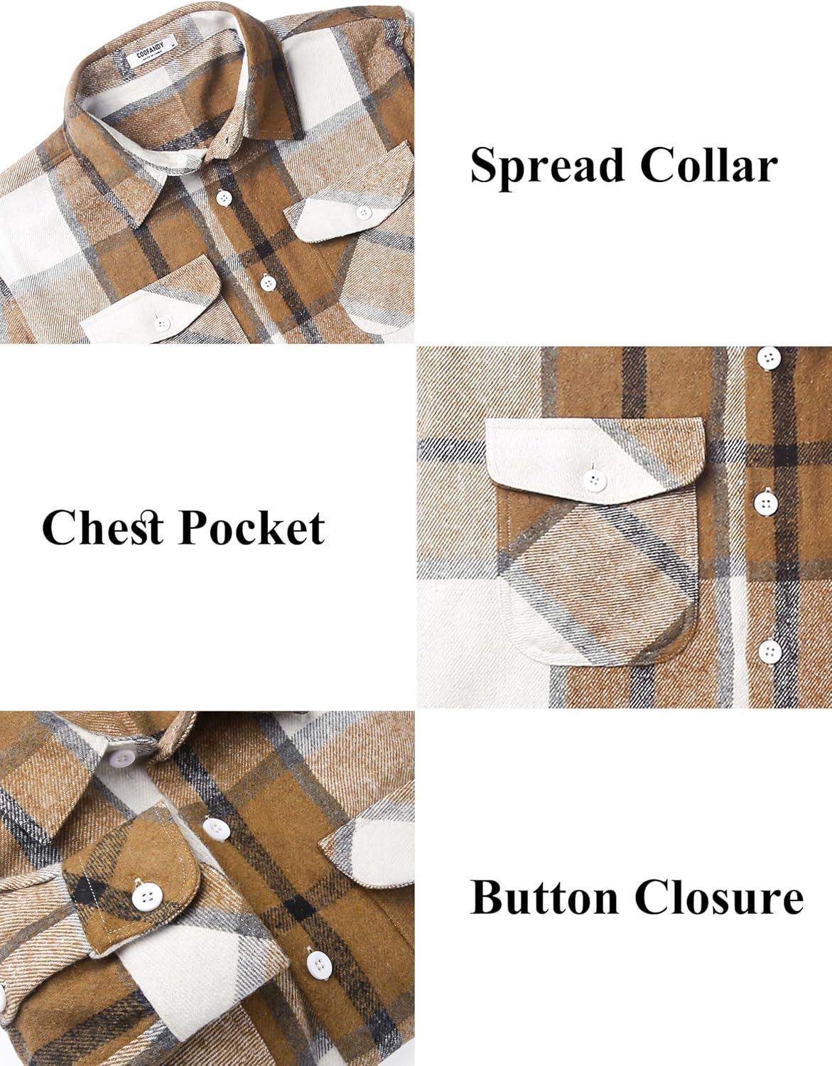 imageCOOFANDY Men Flannel Shirt Casual Button Down Shirt Jacket Long Sleeve Plaid Shirts with PocketsLight Khaki