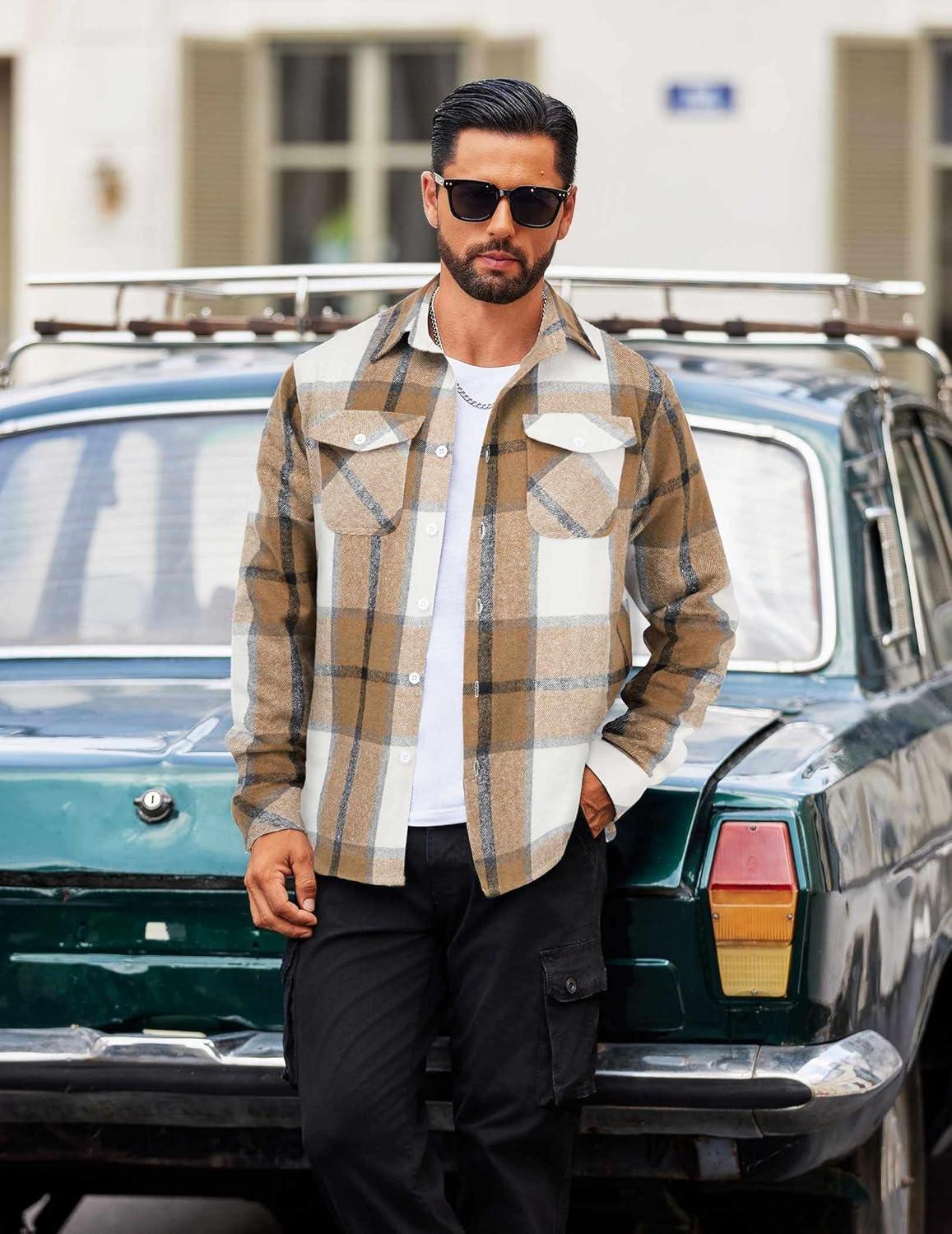 imageCOOFANDY Men Flannel Shirt Casual Button Down Shirt Jacket Long Sleeve Plaid Shirts with PocketsLight Khaki