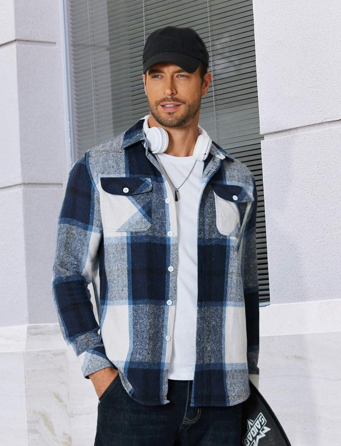 imageCOOFANDY Men Flannel Shirt Casual Button Down Shirt Jacket Long Sleeve Plaid Shirts with PocketsNavy Blue